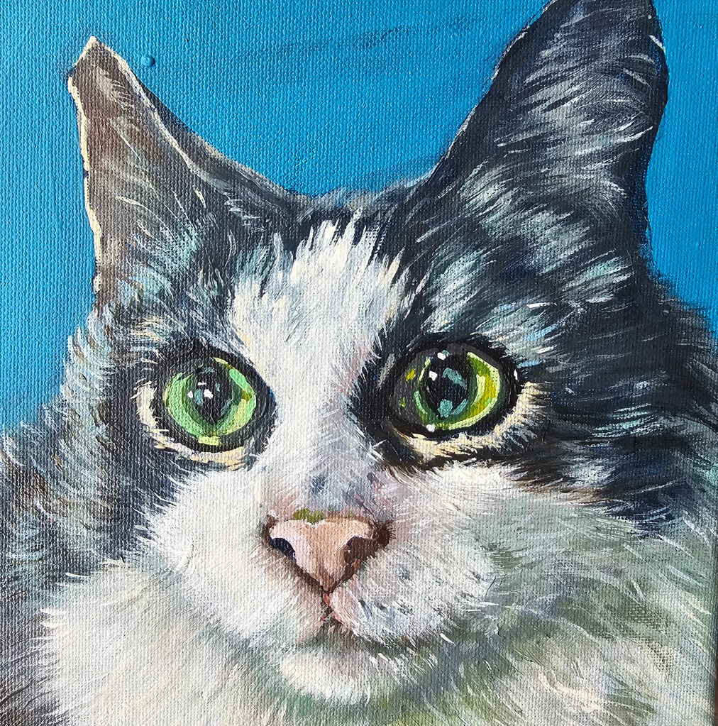 Painting of a grey and white cat