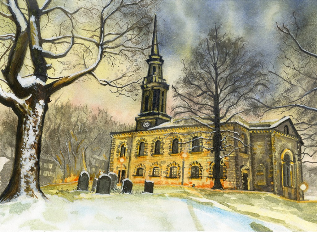Watercolour painting of St Paul's Church, Jewellery Quarter, Birmingham